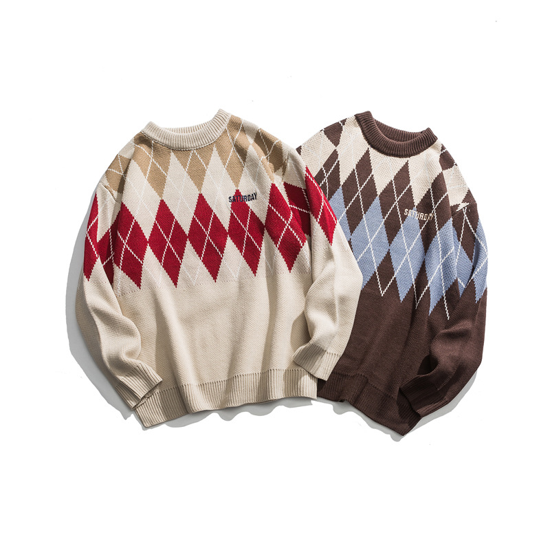 Custom women fall rib-knit long sleeve pullover sweater acrylic jacquard men embordered knitted sweater