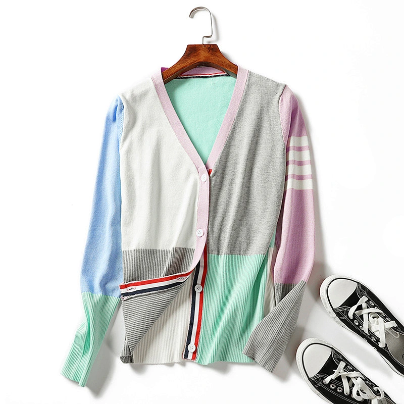 Winter jacket women V-neck knitwear color-blocking cardigan sweaters