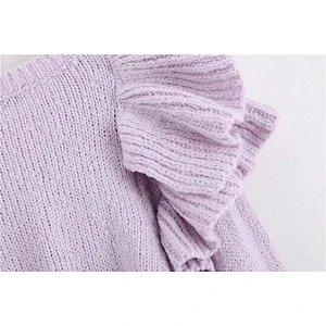 Fall Stylish Ruffles Short Knitted Sweater Women O Neck Sweet Pullovers Chic Tops Blouse