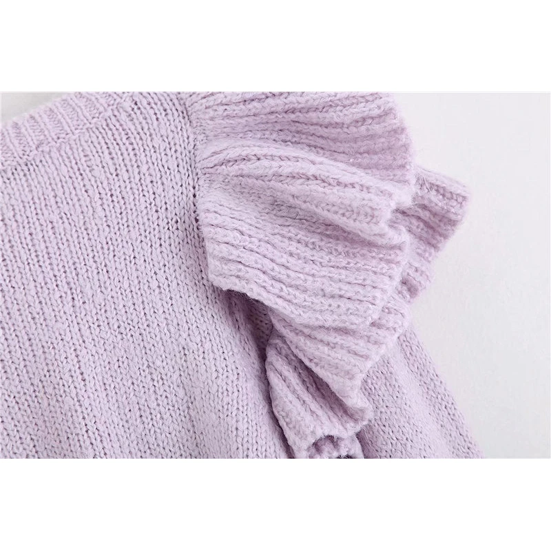 Fall Stylish Ruffles Short Knitted Sweater Women O Neck Sweet Pullovers Chic Tops Blouse