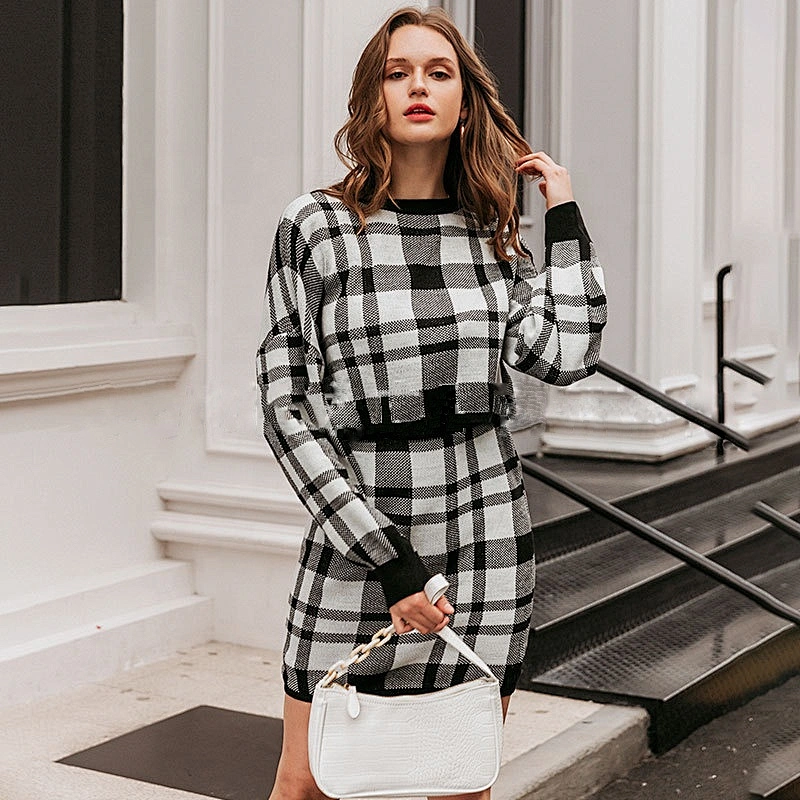 Knitted plaid sweater dress long sleeve Women autumn elegant Winter female women sweater dress