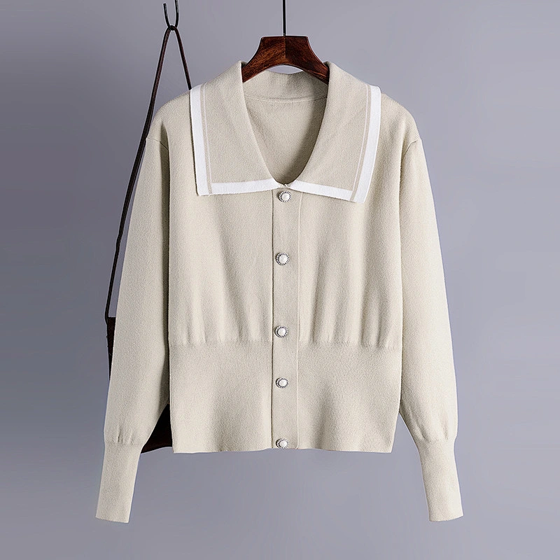 pearl button loose cardigan sweater women long sleeve collar top short jacquard turtleneck knit sweater
