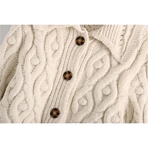 Pompoms Cropped Knitted cardigan with Button Rice White  casual sweater women cable knit sweaters