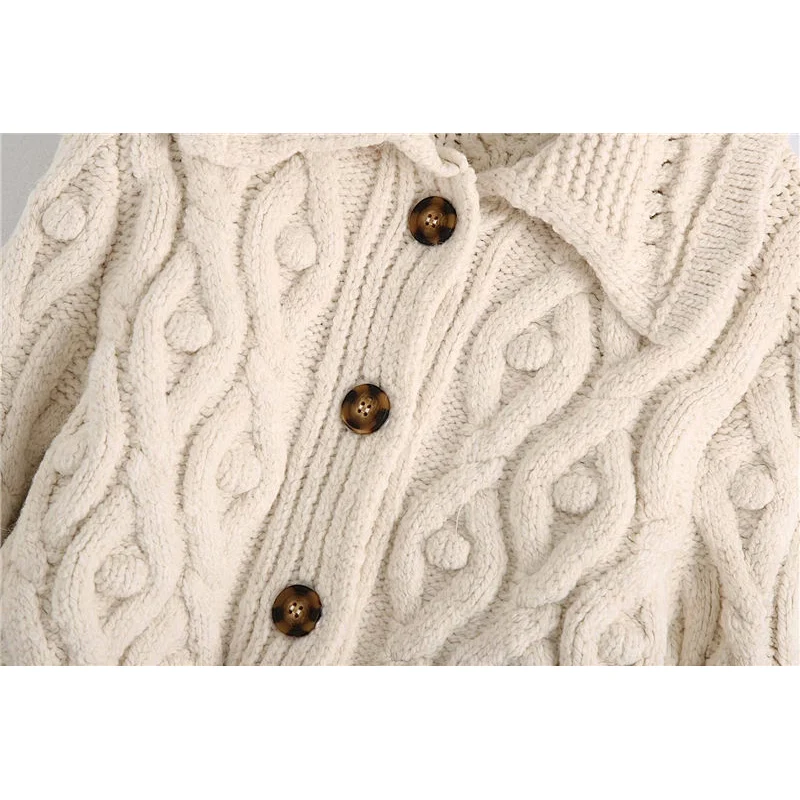 Pompoms Cropped Knitted cardigan with Button Rice White  casual sweater women cable knit sweaters