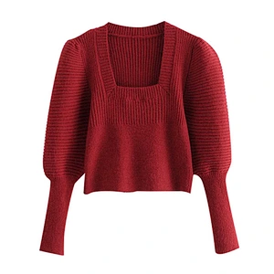 Vintage Square Collar designer sweater woman trendy white  Puff Sleeve Cropped Knitted sweater