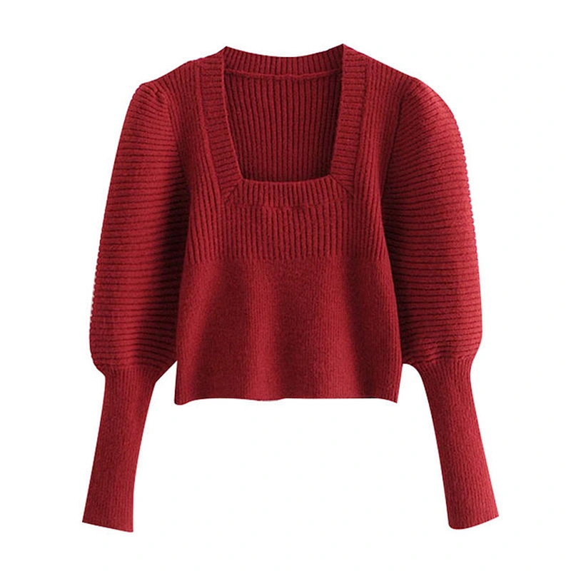 Vintage Square Collar designer sweater woman trendy white  Puff Sleeve Cropped Knitted sweater