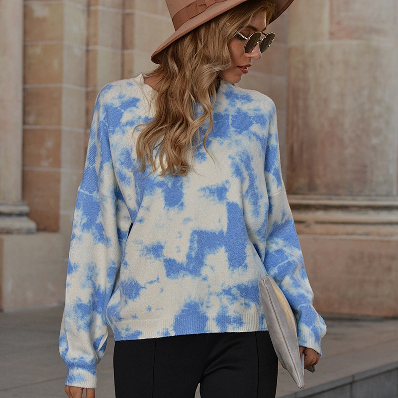Knit pullover long-sleeved tops blouses blue tie-dye sweater knitwear for ladies