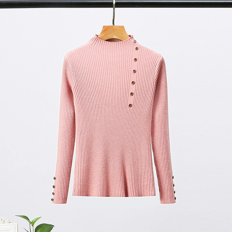 Multi-color Winter Clothing Solid Color Pullover Button Casual Womens Knit Sweaters