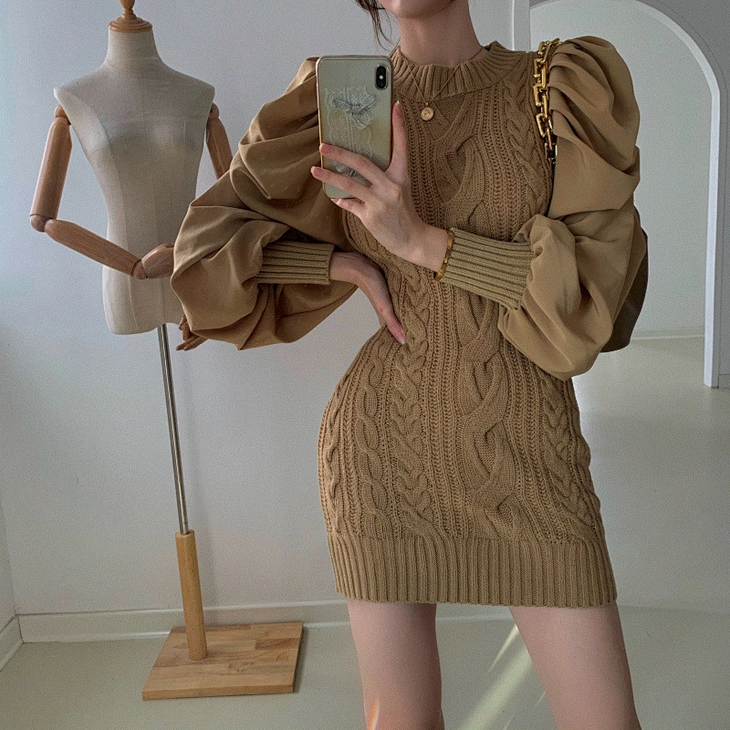 Girl skirt women wear long-sleeved lazy style retro slim knitted casual sweater dress