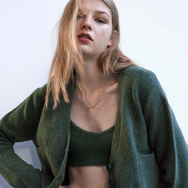 Fall Pockets plaid Cropped ladies cardigan top sweater oversized  knitted women sweater