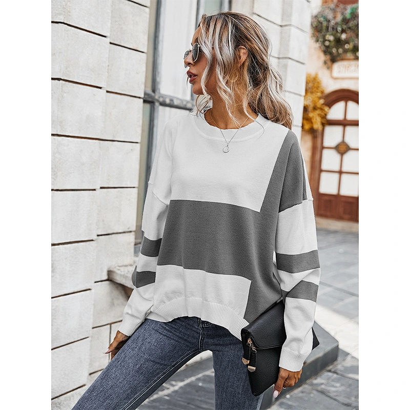 Women sweaters color blocking irregular hem loose knit sweater bat sleeve pullover sweater
