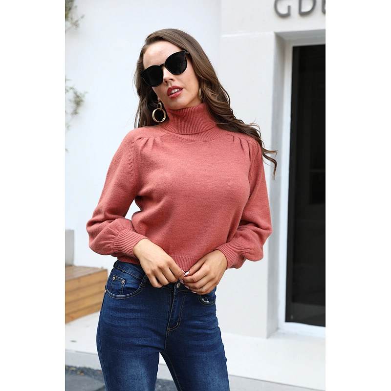 Wholesale Fall clothing for women turtleneck sweaters pullover lantern sleeves sweater