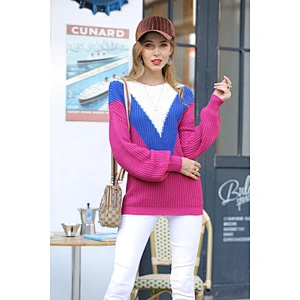Women contrast round neck knitwear mid-length clothing top long-sleeved sweater