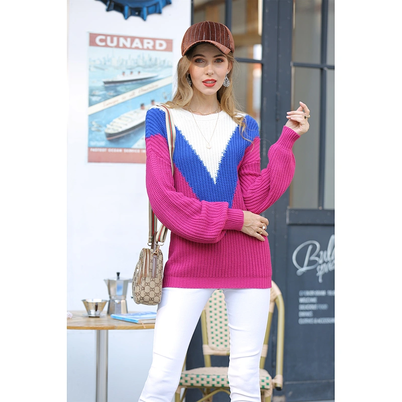 Women contrast round neck knitwear mid-length clothing top long-sleeved sweater