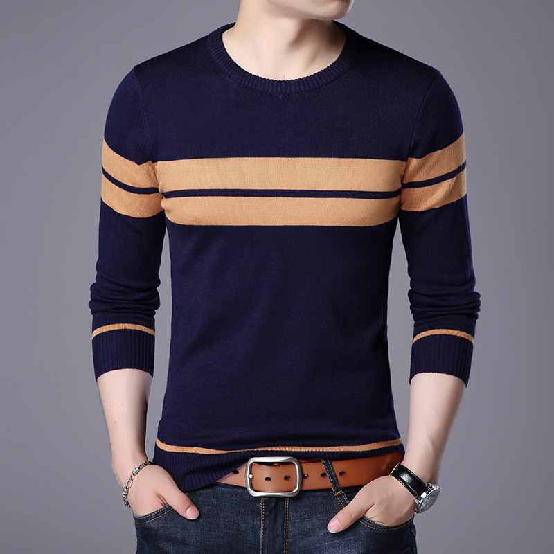 Men Casual Striped knit swearter Knitwear O Neck pullover jumper Winter fringe Cotton Men's Jersey Hombre Shirt basic sweater