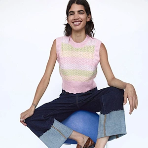 Sweet Fashion With Ribbed Trims Striped Women's Vest Sweater Vintage O Neck Sleeveless Chic Tops