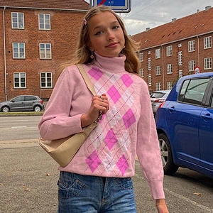 Printed high neck top knitwear long-sleeved womens fashion warm plain vintage knit sweater