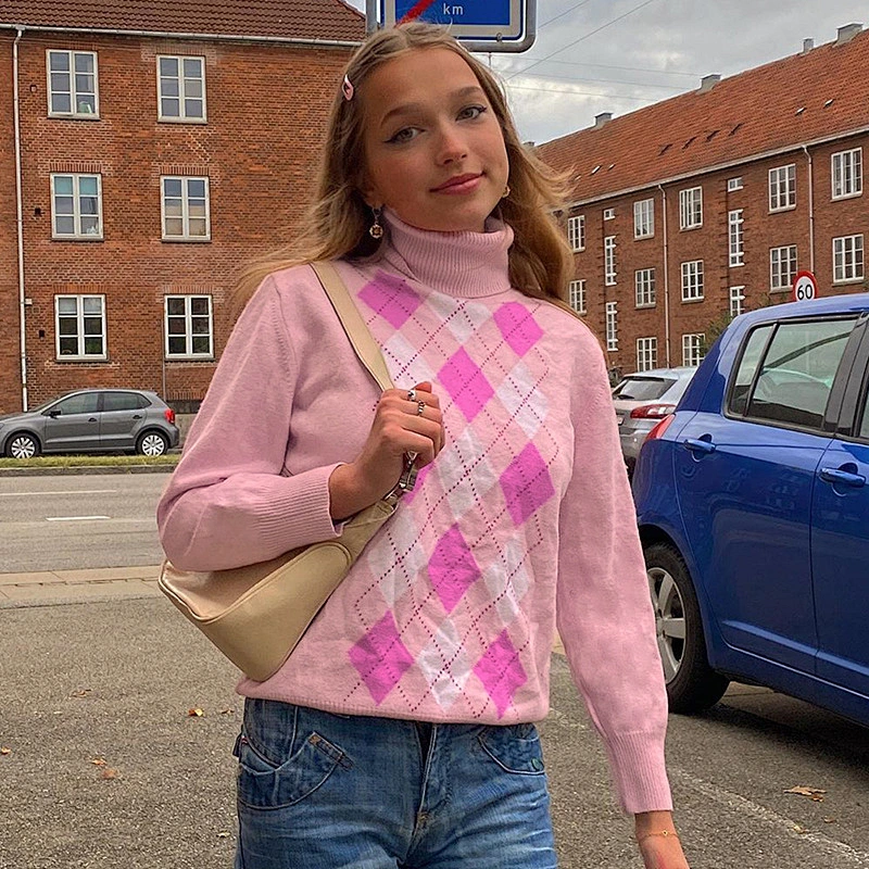 Printed high neck top knitwear long-sleeved womens fashion warm plain vintage knit sweater