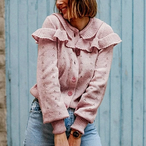 Vintage loose short cardigan long sleeve ruffled knitwear basic roseate autumn women sweaters