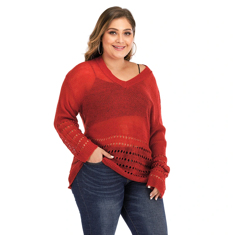 Plus size women solid color V-neck thin sexy hollow long-sleeved pullover sweaters