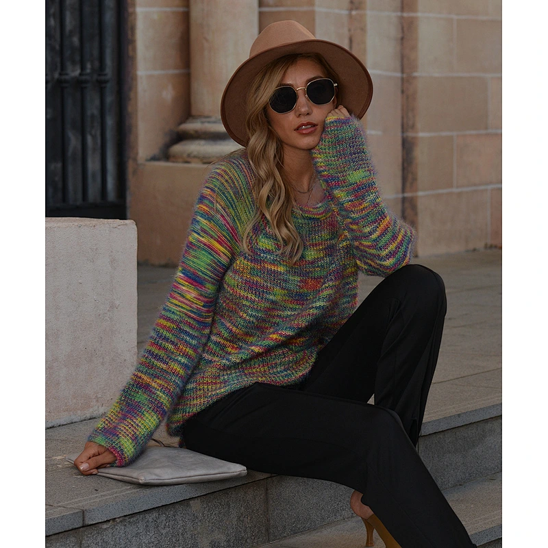 round neck colorful casual clothes fashion knitted blouses sweater women knit sweater
