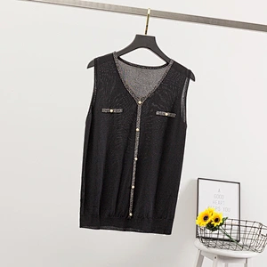 Summer thin V-neck knitted vest sweater women's t-shirt with beaded buttons