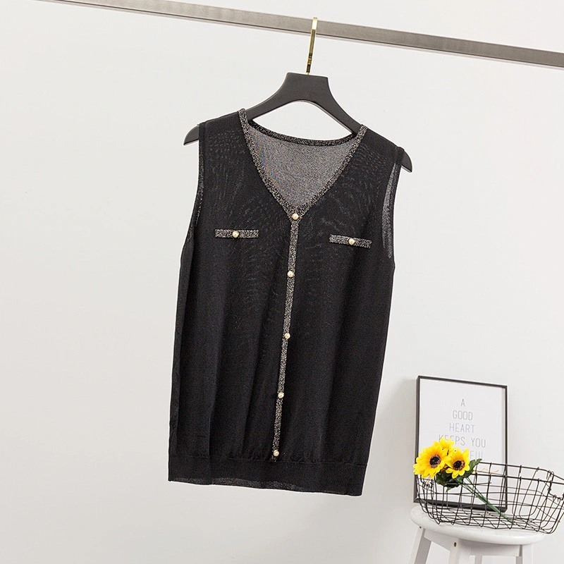 Summer thin V-neck knitted vest sweater women's t-shirt with beaded buttons