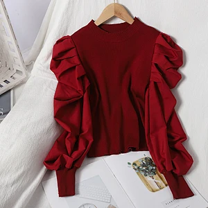 Women's knit sweater puff sleeves pullover round neck fall solid color tops blouses
