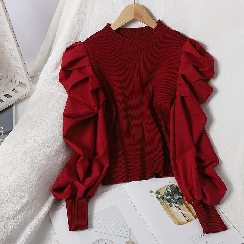 Women's knit sweater puff sleeves pullover round neck fall solid color tops blouses