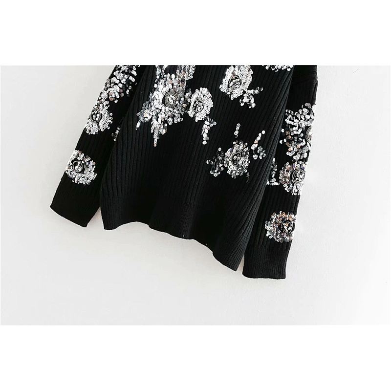 Women Beading Sequins Loose Knitted Sweaters Vintage High Collar Female Pullovers sweaters