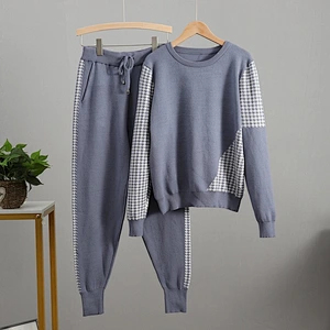 Houndstooth Knit 2 Piece Set Tracksuits Pullover  Fall Winter Women oversized sweater set