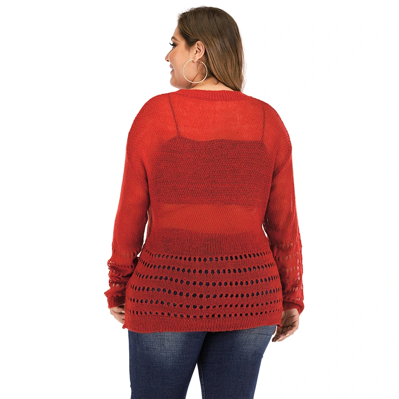 Plus size women solid color V-neck thin sexy hollow long-sleeved pullover sweaters
