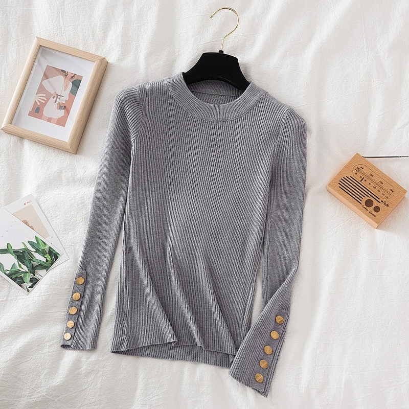 casual autumn winter women thick sweater pullovers long sleeve button o-neck chic Sweater Female Slim knit top soft jumper tops