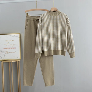 Casual sweaters women 2 piece set high neck plaid knitted girls two piece sweater set