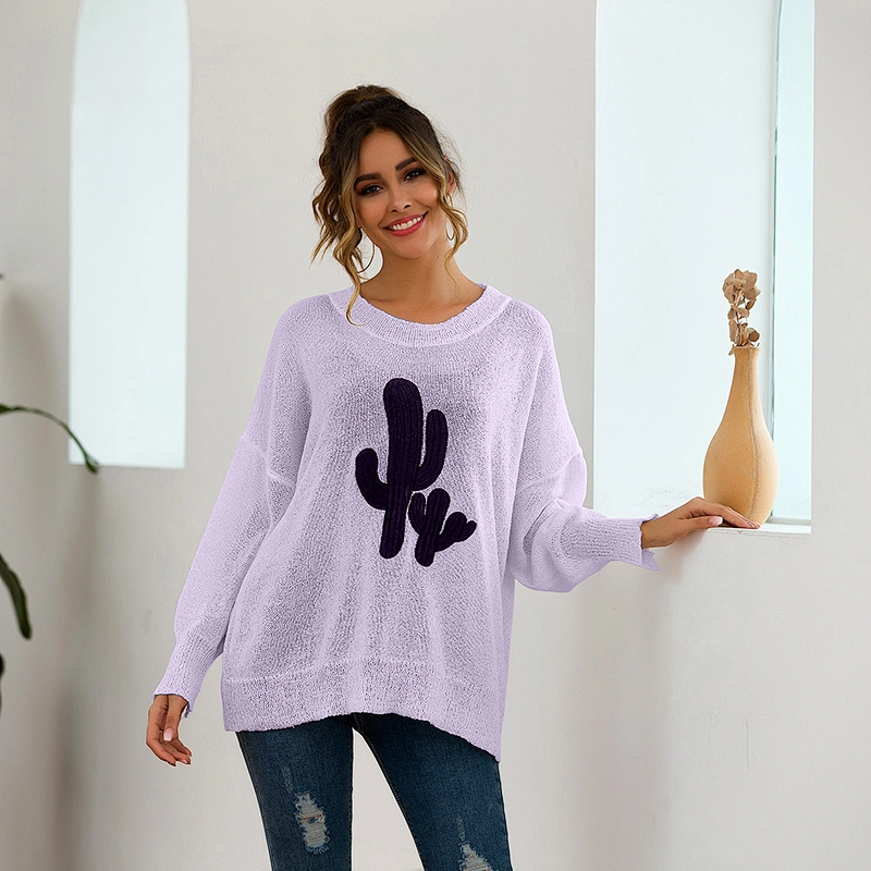 New style fashionable soild color round neck long sleeve pullovers cactus pattern casual clothes women sweater