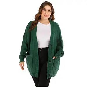 Winter pocket fashion jacket solid color plus size women cheap casual korean cardigan sweaters long loose oversized custom
