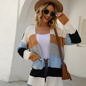 Ladies fashion color block knit cardigan thin striped women knitwear sweaters with pocket