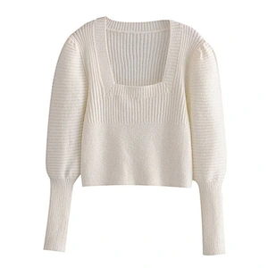 Vintage Square Collar designer sweater woman trendy white  Puff Sleeve Cropped Knitted sweater