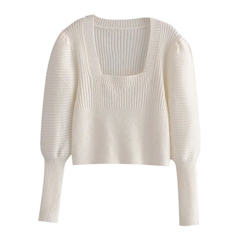 Vintage Square Collar designer sweater woman trendy white  Puff Sleeve Cropped Knitted sweater