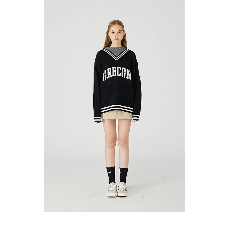 Unisex custom clothing knitted college jacquard sweater for men pullover couple oversized sweater