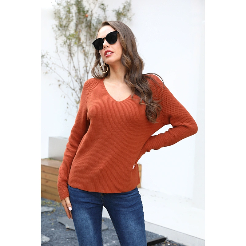 Hot sale women plain v neck pullover sweater fashion casual knitwear for lady vintage sweater