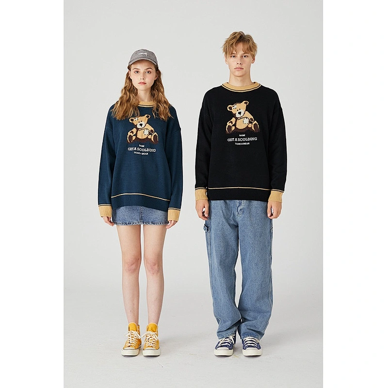 Wholesale couple pullover teddy bear knitwear crewneck sweater unisex custom intarsia sweater