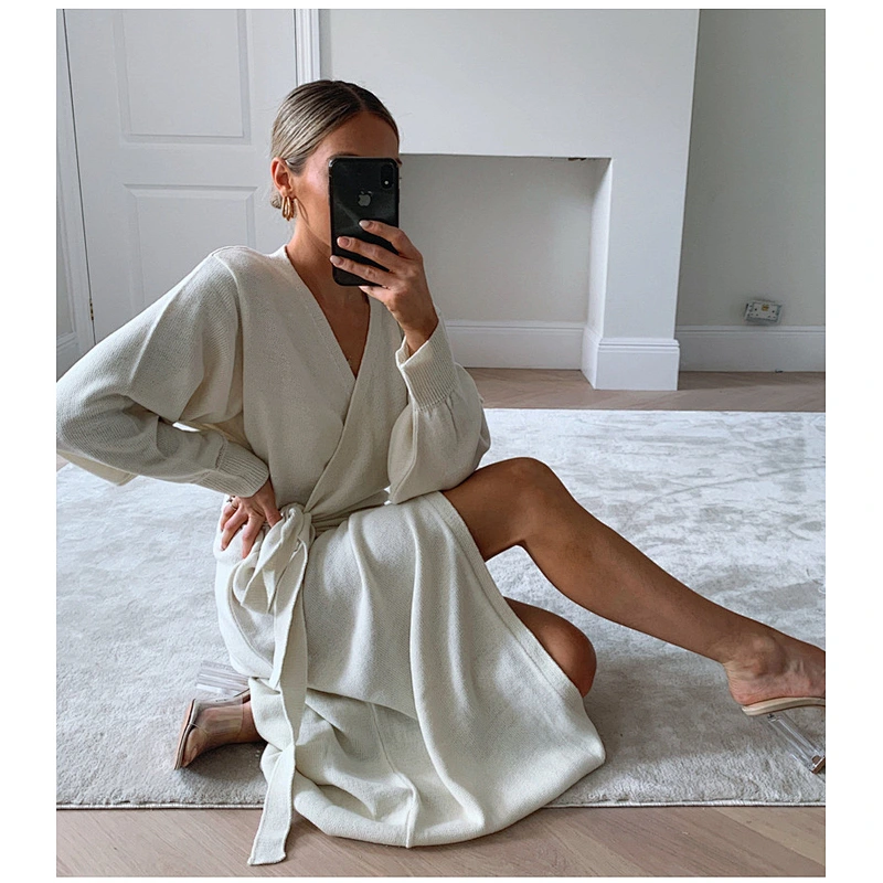 Women custom pajamas plain long sleeve sweater cardigan coats for women one piece set knit sweater