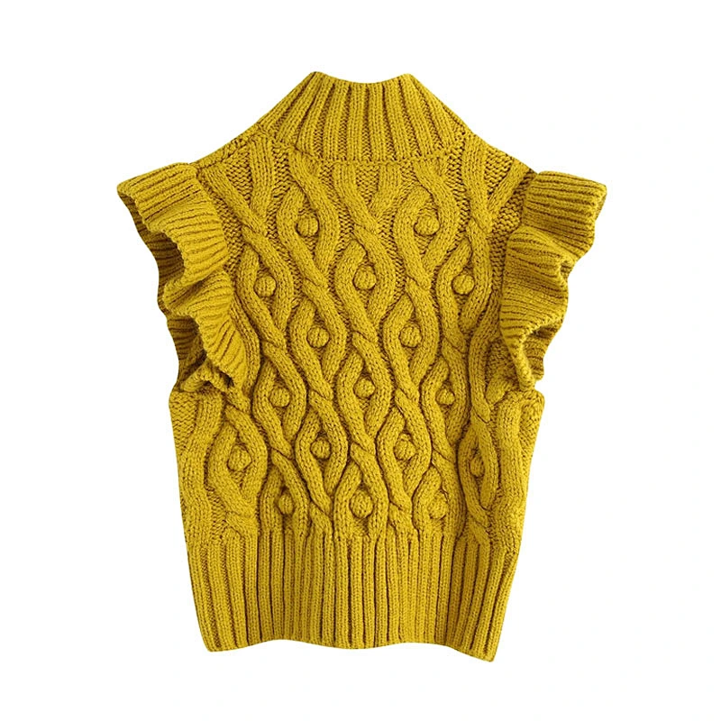 Fashion With Pompoms Ruffled women  knit sweaters cable knitting fall ladies sweater vest