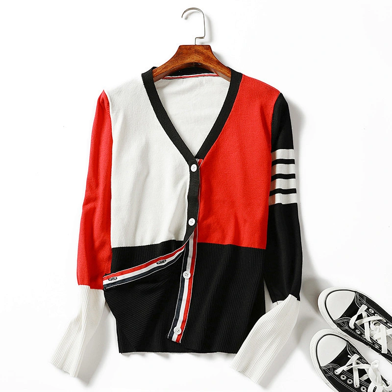 Winter jacket women V-neck knitwear color-blocking cardigan sweaters