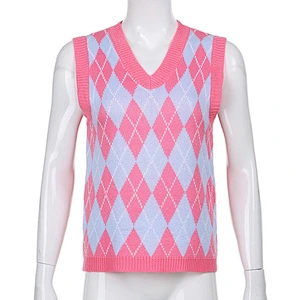 V neck wool knitted jacquard knitwear blouses diamond autumn women sweater vest