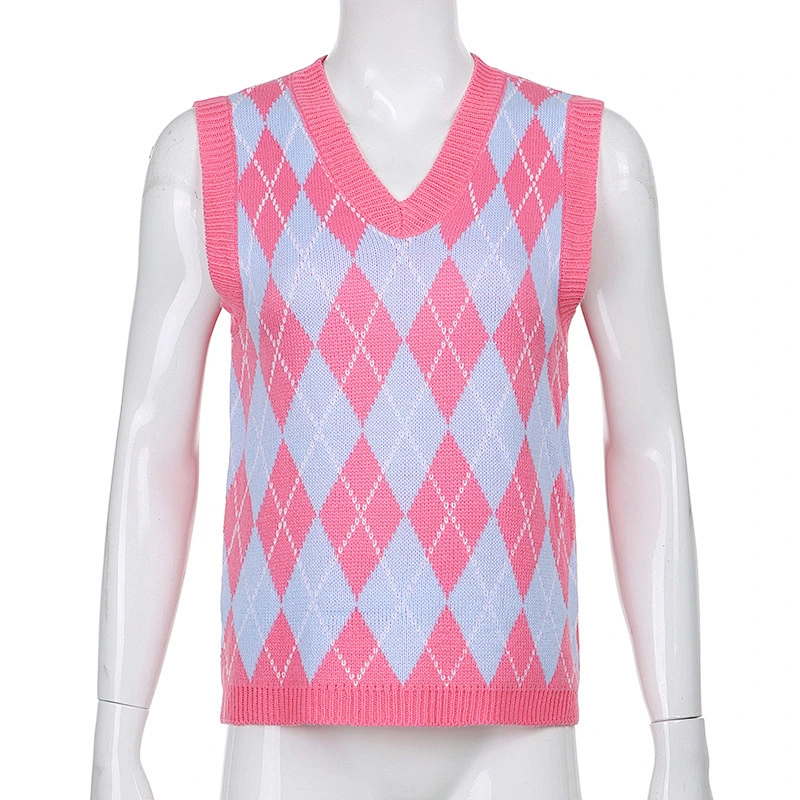 V neck wool knitted jacquard knitwear blouses diamond autumn women sweater vest