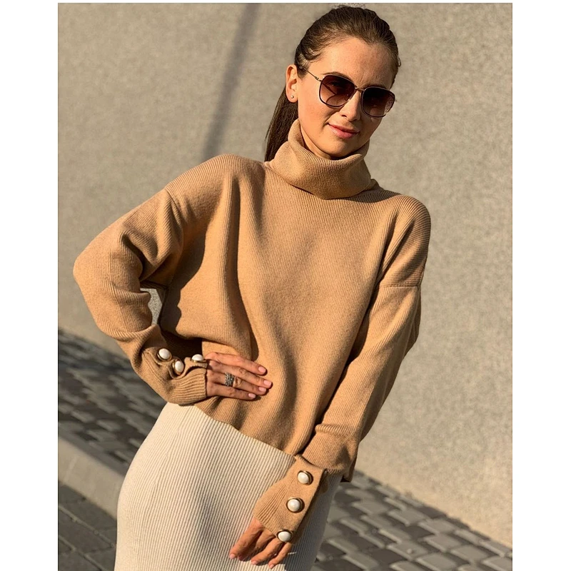2020 Fshion female elegant pure color pullover sweater  blue boho turtleneck sewater with buttons women