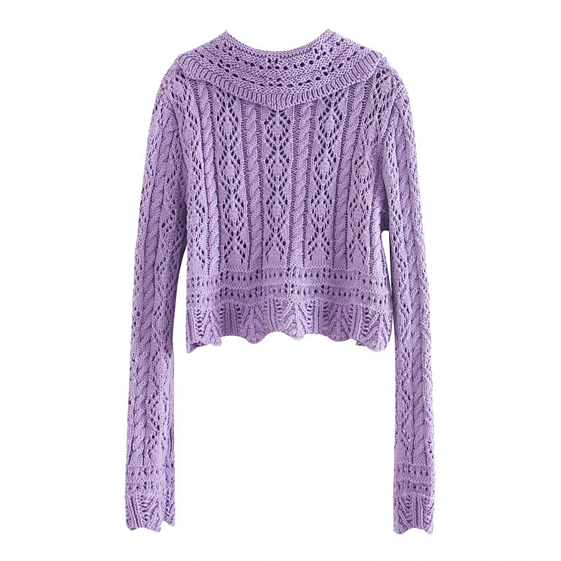 Knitted Cardigan Women Purple Green Sweater Hollow Long sleeve V neck Blouses