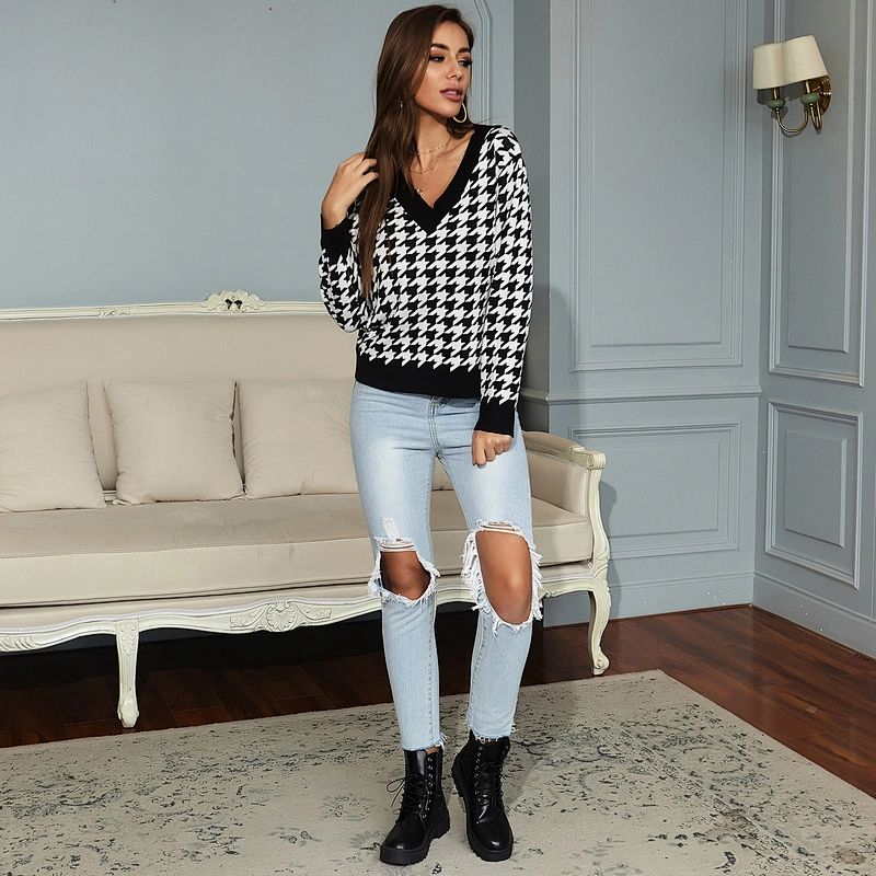 Fall clothing for women houndstooth v-neck sweater women  apparel stock sueter mujer